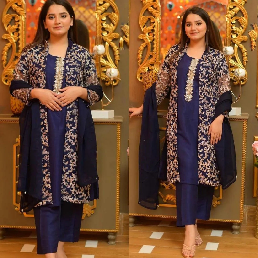 Blue Embroidered 4-Piece Shamoz Silk Suit for Women
