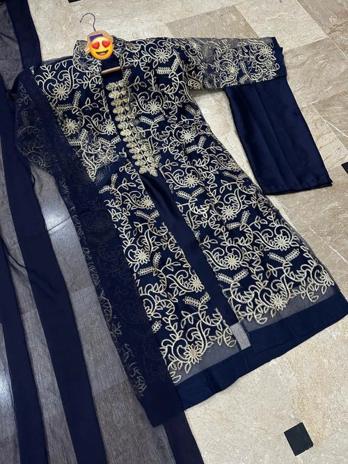 Blue Embroidered 4-Piece Shamoz Silk Suit for Women