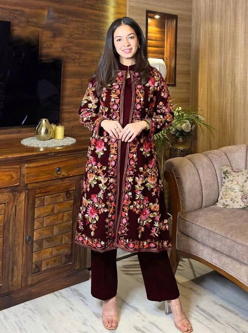 Maroon Embroidered Women's Gown & Trouser Set