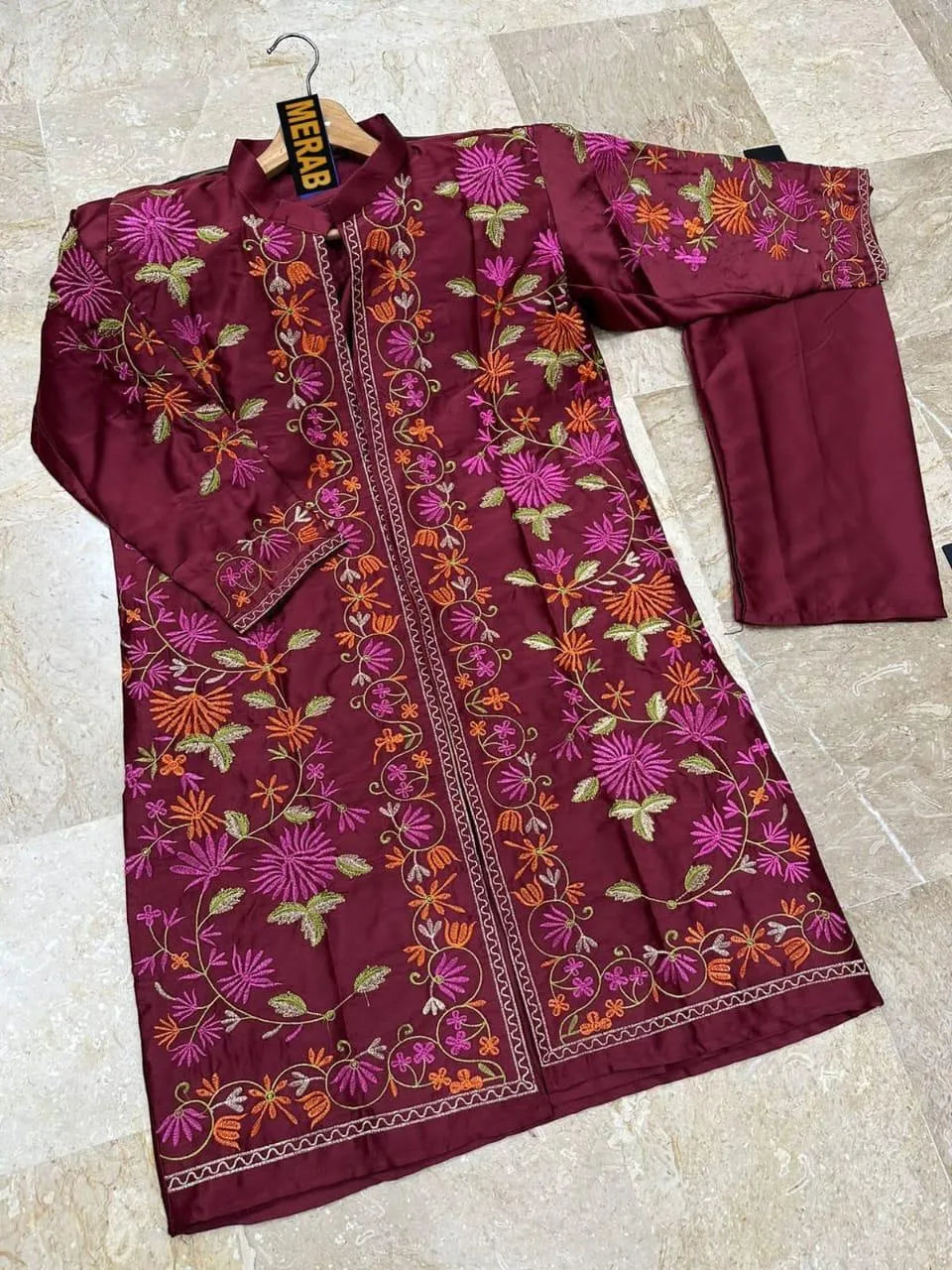 Maroon Embroidered Women's Gown & Trouser Set
